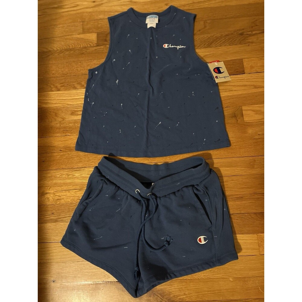 NWT Champion Women's Blue Paint Splatter Tank Top & Shorts Set M, Fleece Blend